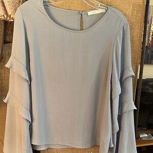 Lush Blue Ruffled Blouse with Flowy Sleeves